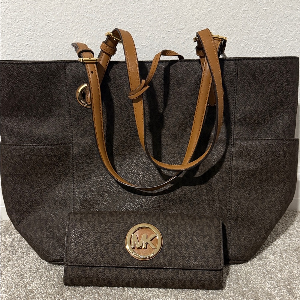 Michael Kors Dark Brown Tote and Wallet Set